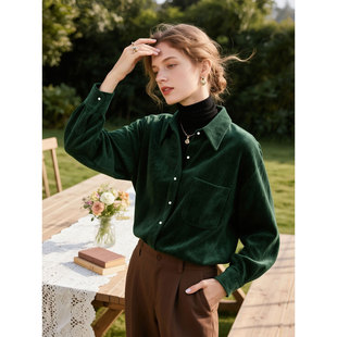 复古港风墨绿色磨毛灯芯绒衬衫女2026年秋冬新款时尚叠穿衬衣上衣