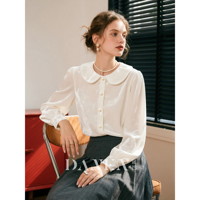 白色丝绒娃娃领衬衫女2025年秋冬