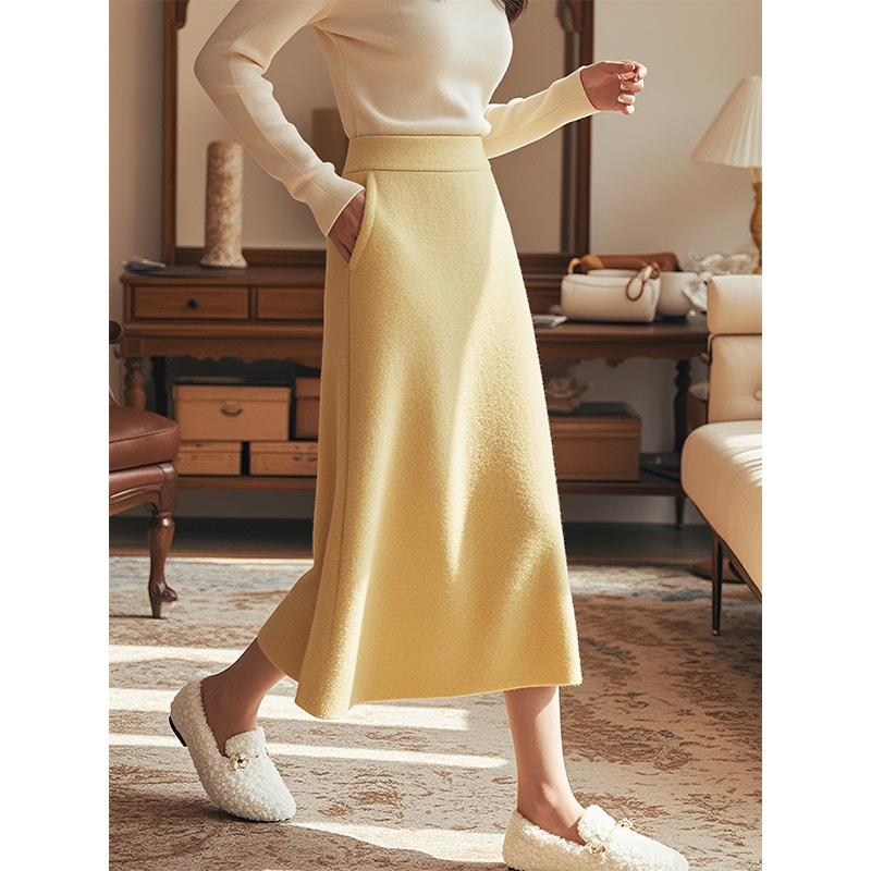 黄色毛呢半身裙秋冬高腰中长款