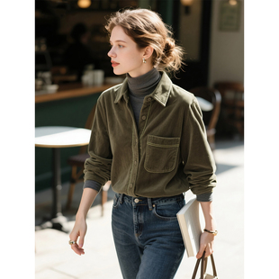 橄榄绿灯芯绒衬衫女2026年秋冬新款纯棉复古时髦衬衣百搭叠穿上衣