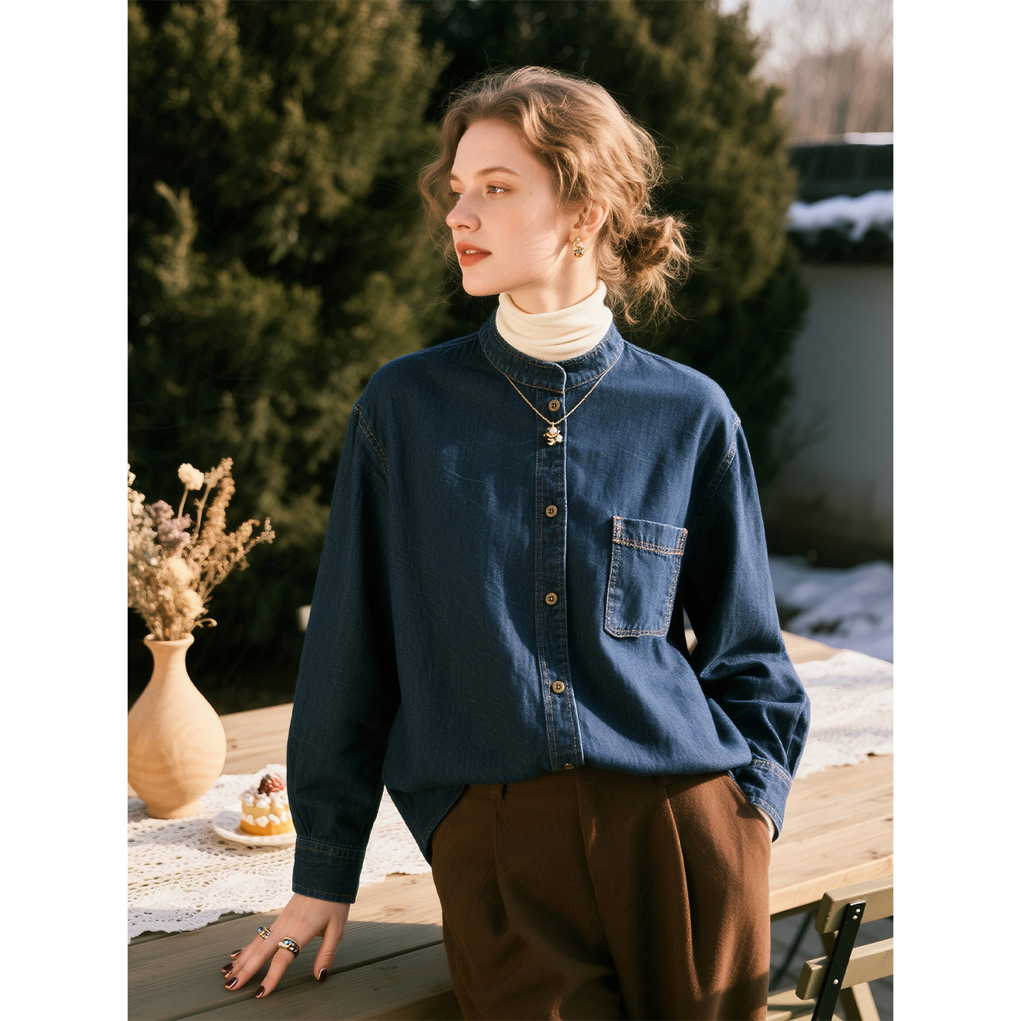 深蓝色天丝牛仔长袖衬衫女2026年春季新款衬衣叠穿复古休闲上衣,女装/女士精品,衬衫,淘宝优惠券,粉丝福利购,淘宝优惠卷