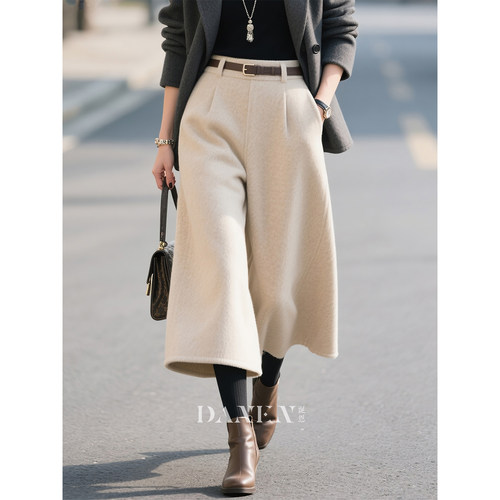 米杏色毛呢阔腿裤女2025年秋冬