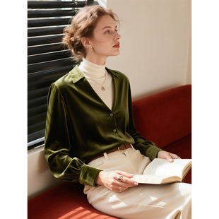 橄榄绿丝绒V领衬衫女2025春季新款轻熟风百搭气质高级感叠穿上衣