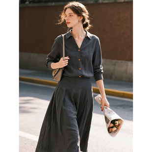 深灰色透气亚麻衬衫半身裙套装女2026年春季新款时尚气质两件套