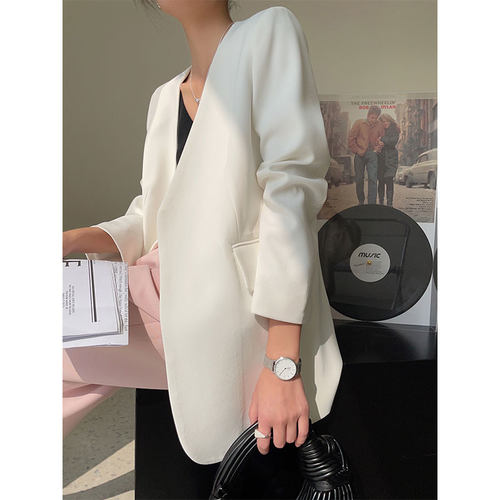 白色无领西装外套春秋V领长袖