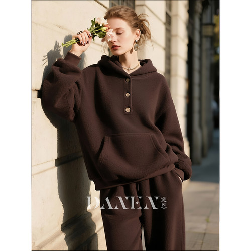 深棕色连帽卫衣阔腿裤套装女2025