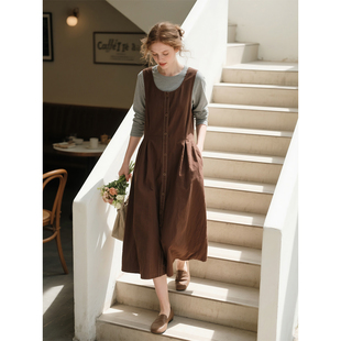 新款 背心连衣裙女2026年春季 复古简约叠穿高级感裙子 棕色无袖 美式