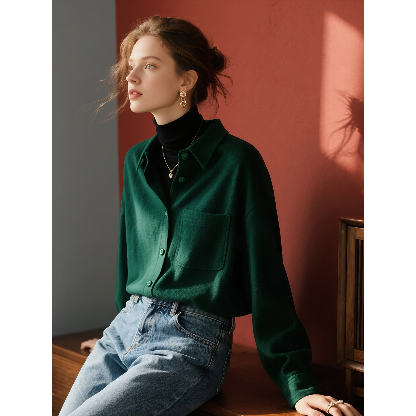 墨绿色磨毛衬衫女2025年秋冬新款
