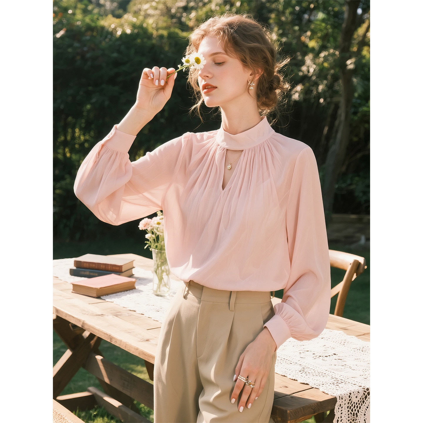 粉色法式温柔风衬衫女2026年春季新款长袖立领通勤百搭上衣,女装/女士精品,衬衫,淘宝优惠券,粉丝福利购,淘宝优惠卷