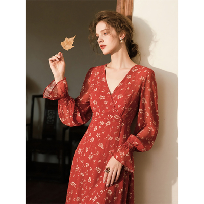 法式红色V领长袖雪纺碎花连衣裙
