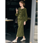休闲慵懒风衬衫 草绿色灯芯绒套装 女2026年秋冬新款 半身裙两件套