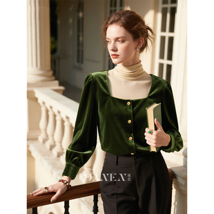 绿色方领长袖丝绒衬衫女2026年秋冬新款法式复古时尚衬衣显瘦上衣