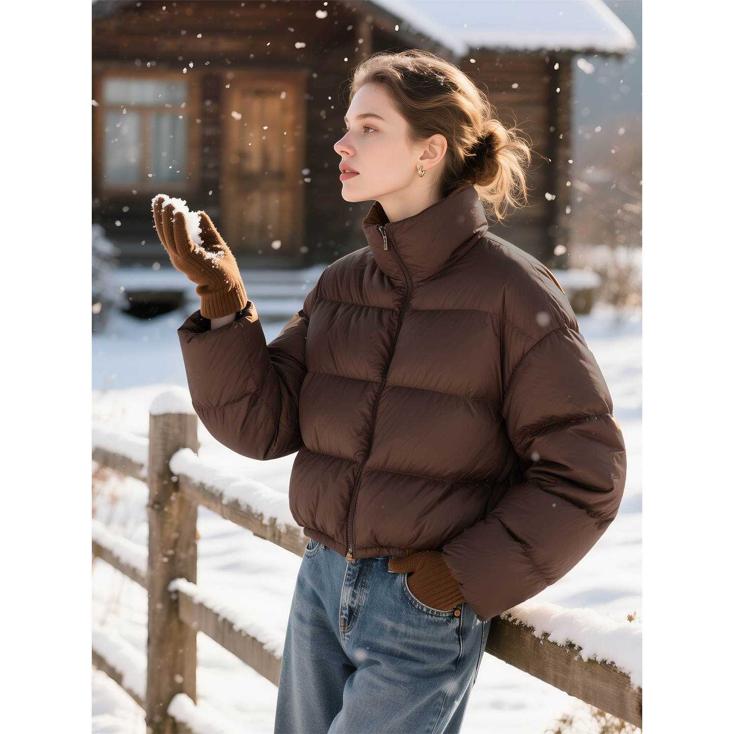 深棕色立领短款羽绒服女2025年
