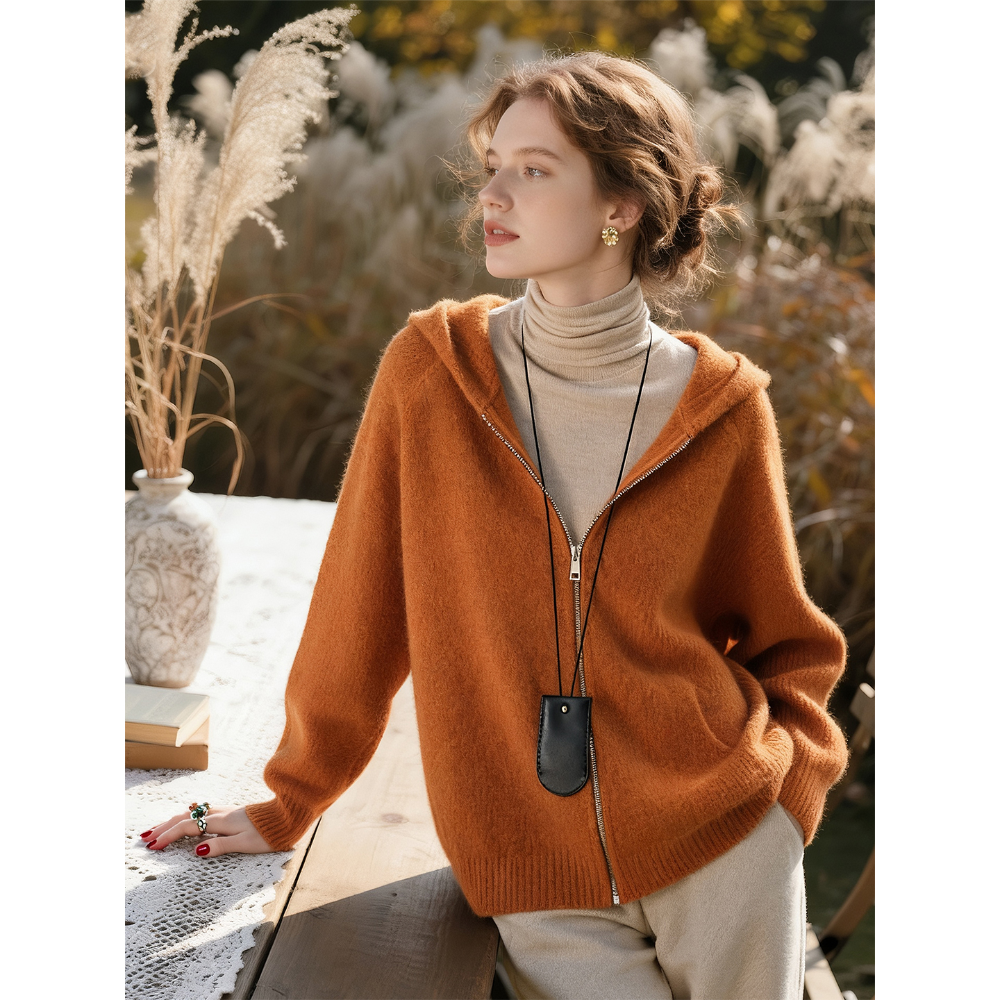 橘色连帽毛衣外套女2025年秋冬