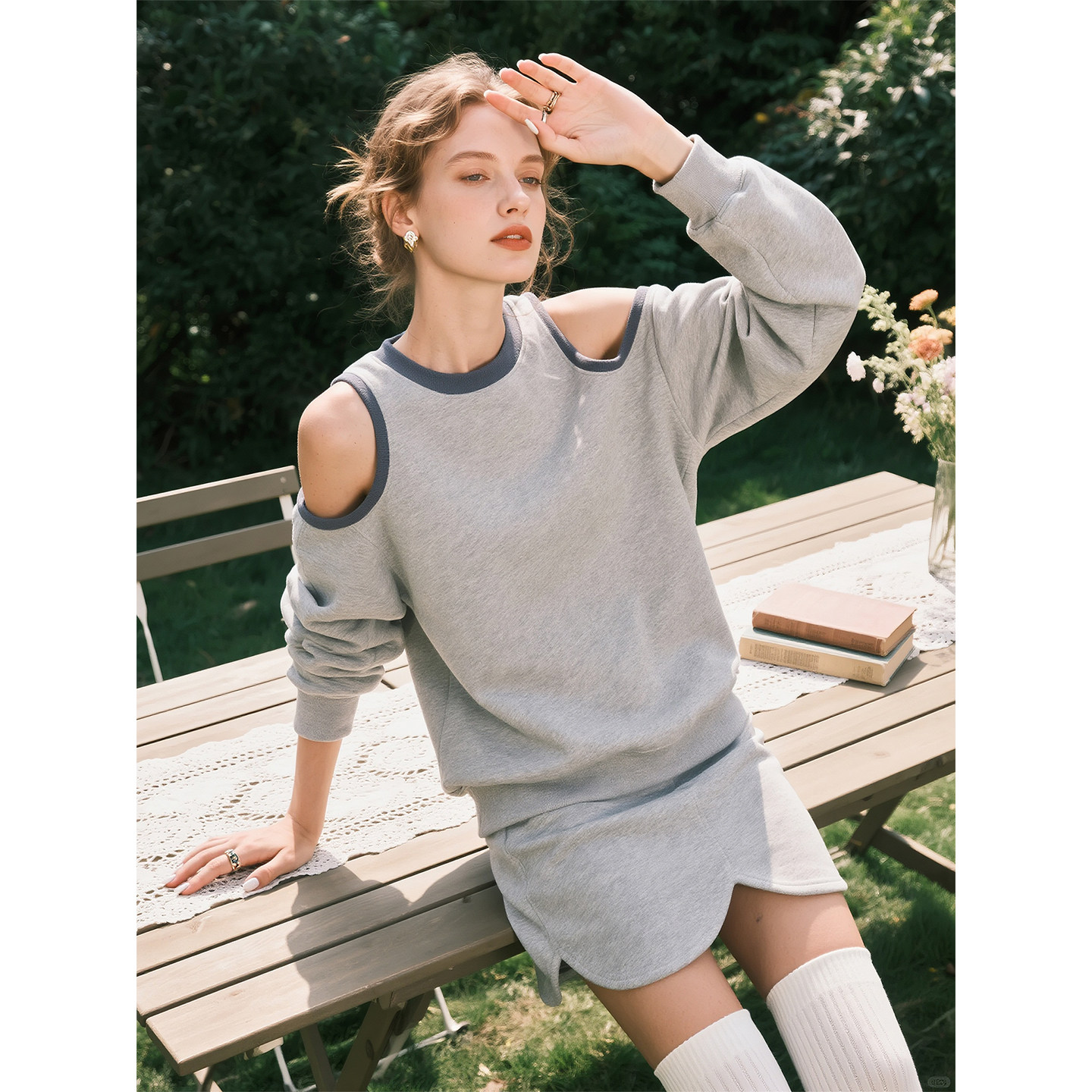 灰色露肩圆领卫衣半身裙套装女2026年春季新款高级感休闲两件套,女装/女士精品,时尚套装,淘宝优惠券,粉丝福利购,淘宝优惠卷