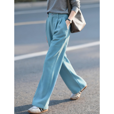 湖蓝色毛呢阔腿裤女直筒长裤子