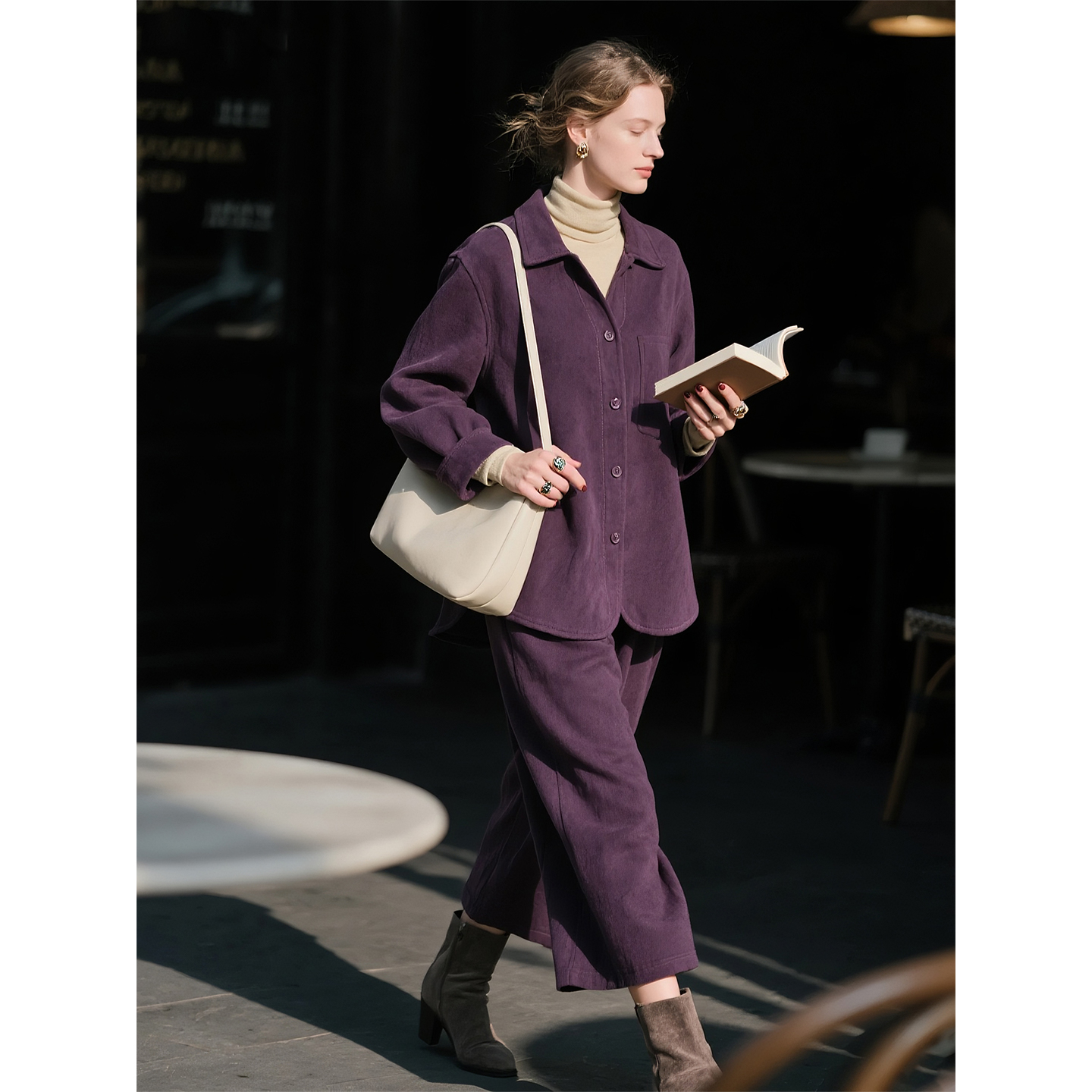 藕荷紫磨毛衬衫七分裤两件套女