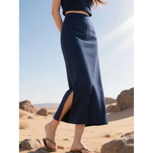 藏青色亚麻半身裙女2026年夏季新款高腰显瘦职业通勤直筒包臀裙子