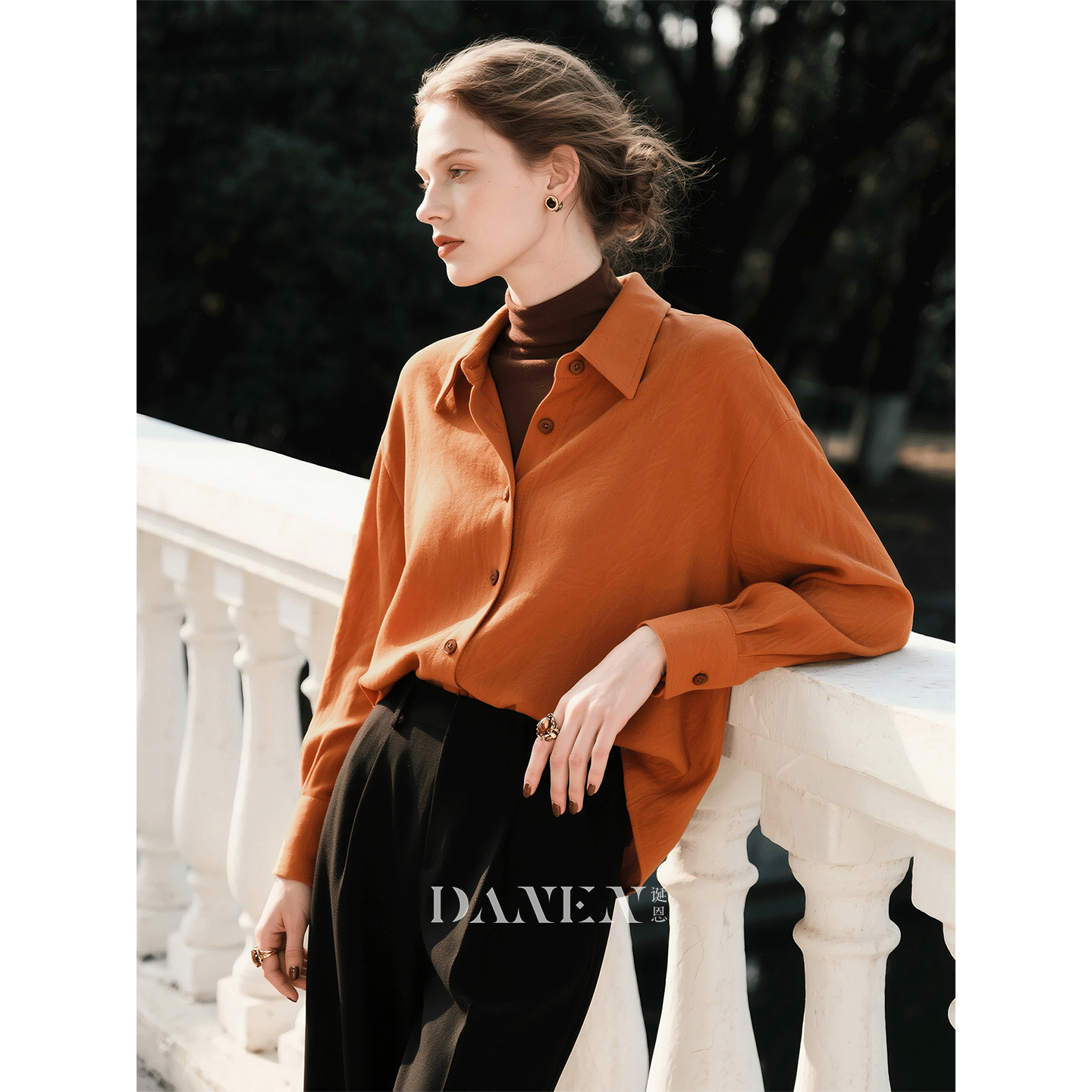 橘色磨毛长袖衬衫女2025年秋冬