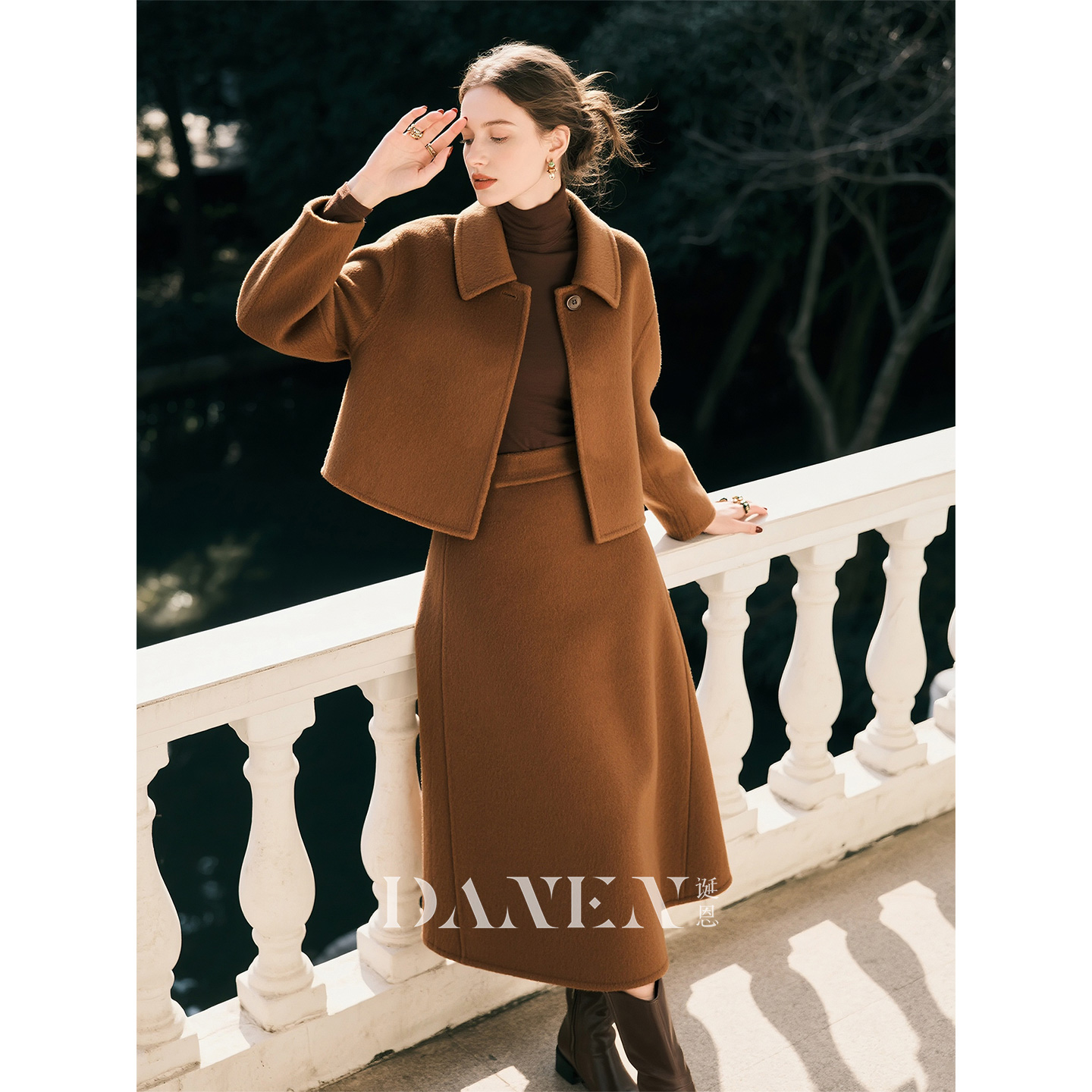 棕色羊毛双面呢套装女2025秋冬