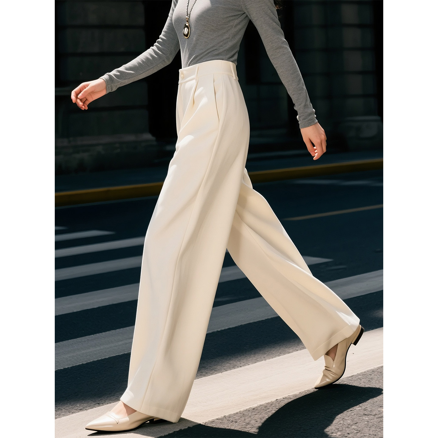 米白色高腰阔腿裤女2026年春季新款韩系慵懒松弛感宽松显瘦长裤子,女装/女士精品,休闲裤,淘宝优惠券,粉丝福利购,淘宝优惠卷