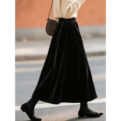 复古黑色丝绒半身裙女秋冬A字裙