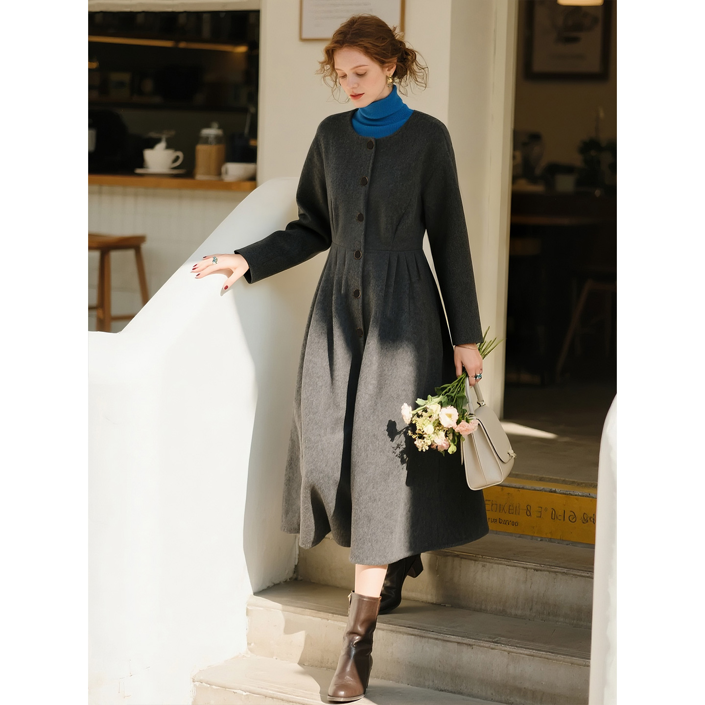 深灰色毛呢连衣裙女2025秋冬新款