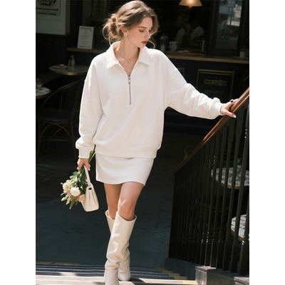 白色翻领半拉链卫衣套装女两件套