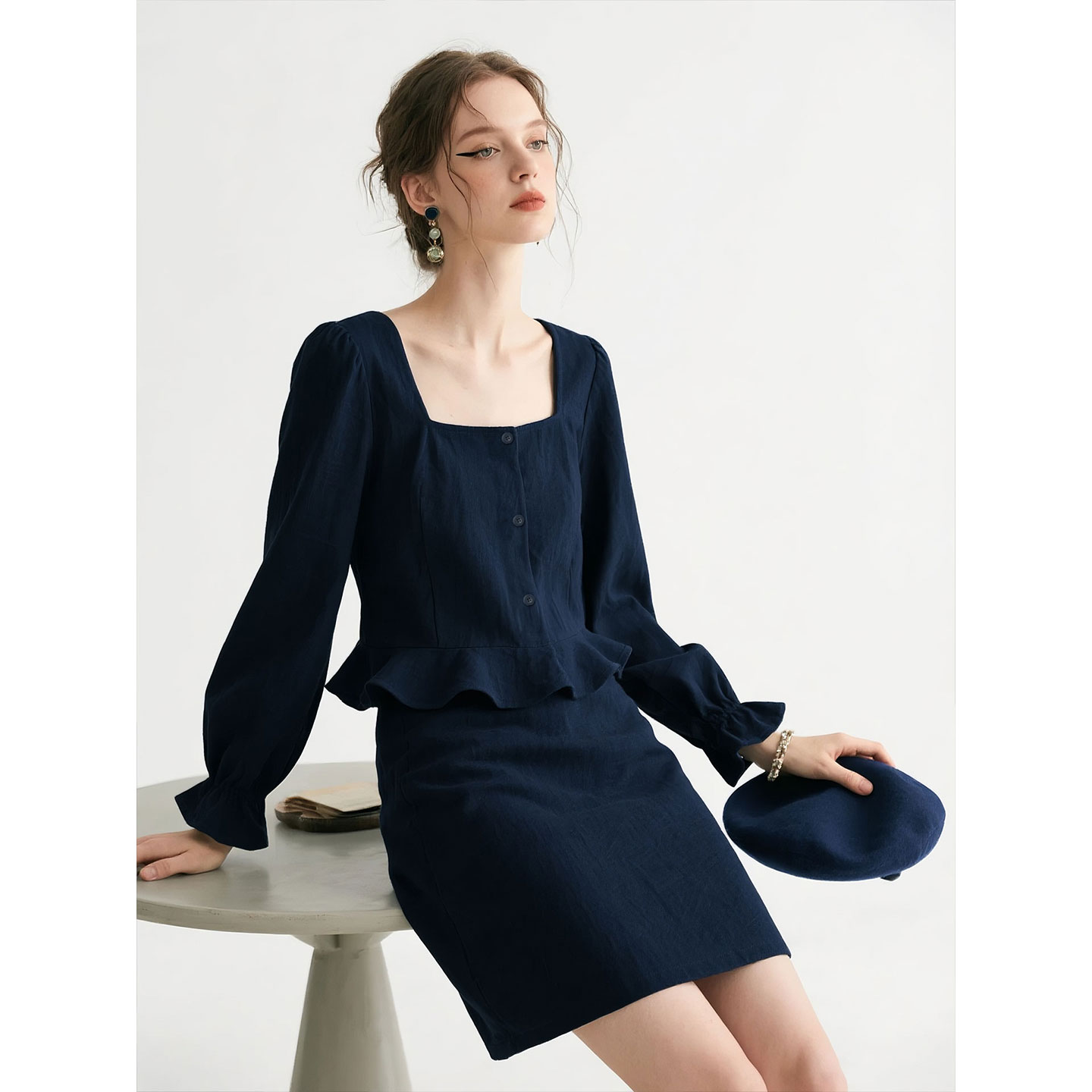 深蓝色天丝亚麻方领衬衫两件套