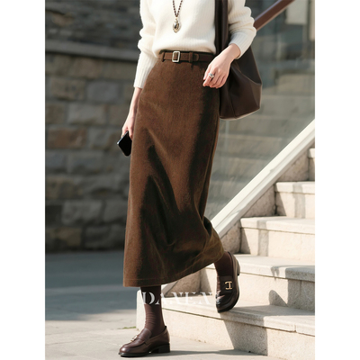 深棕色全棉灯芯绒半身裙女秋冬