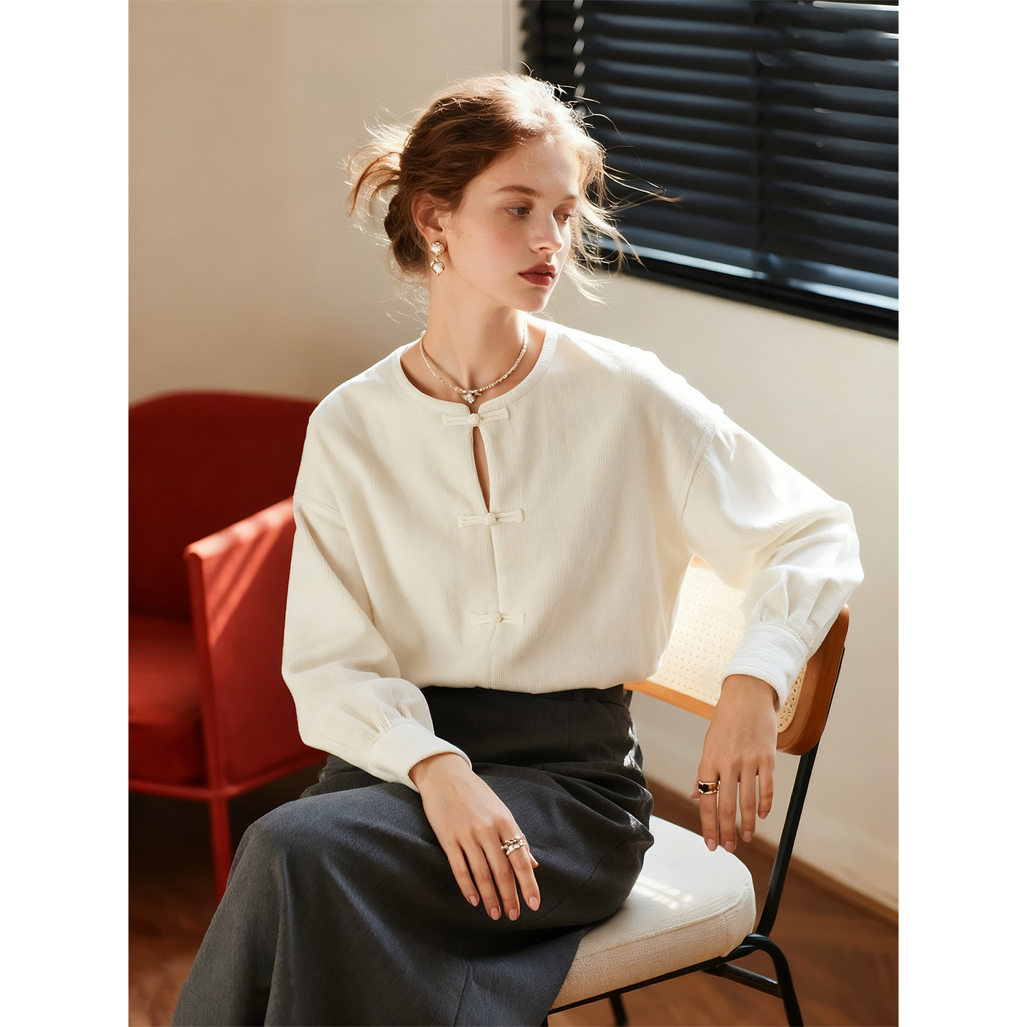 白色新中式国风磨毛衬衫女秋冬