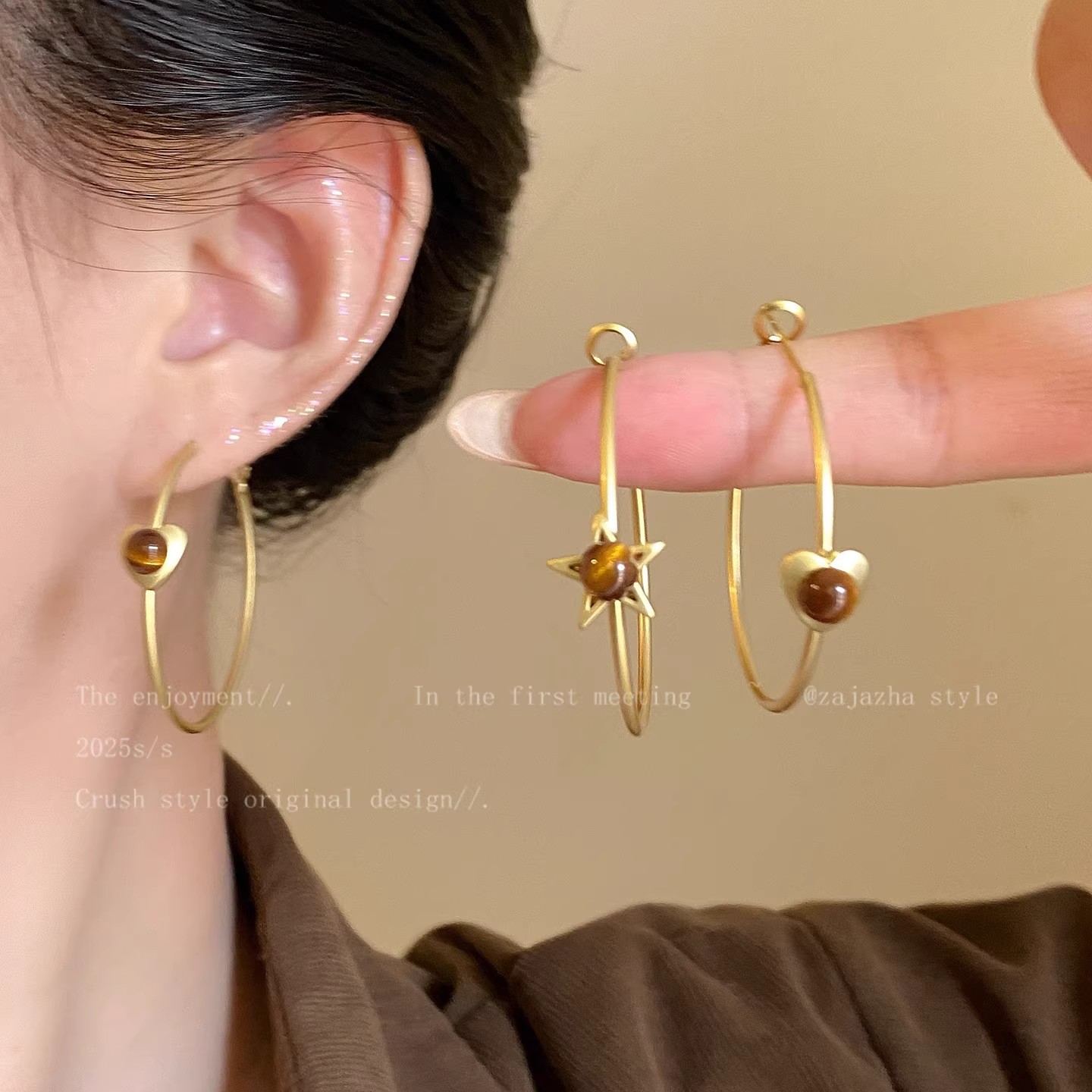 韩国东大门新款虎眼石星星爱心耳环女小众镀辣妹风大圈耳钉耳饰