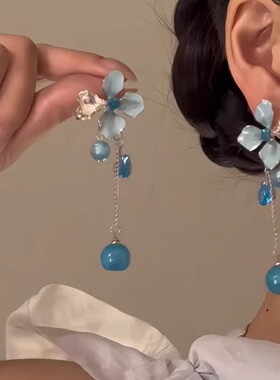 精致甜美蓝色花朵流苏耳环轻奢高级感小众百搭漂亮度假风耳坠耳饰