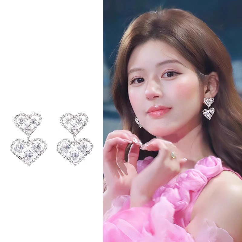 925银针满钻爱心耳环女小众设计