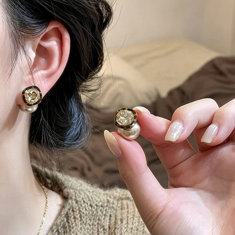 复古豹纹花边方糖珍珠耳环女2026秋冬新款轻奢时尚百搭前后戴耳饰