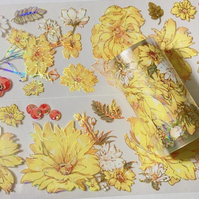 黄花寐.手账和纸pet胶带烫金黄菊花兔子咕卡流麻贴纸分装素材整卷