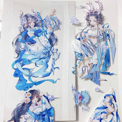 蓝深子曦.手账古风人物贴纸pet胶带人鱼少女手帐立体流麻素材贴纸
