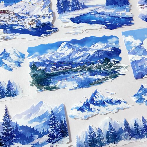 冰天雪地 手账和纸pet胶带雪山树林造景咕卡流麻贴纸分装素材整卷