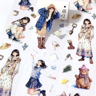 回忆一瞬.手账和纸pet胶带现代盐系人物咕卡流麻贴纸分装素材整卷