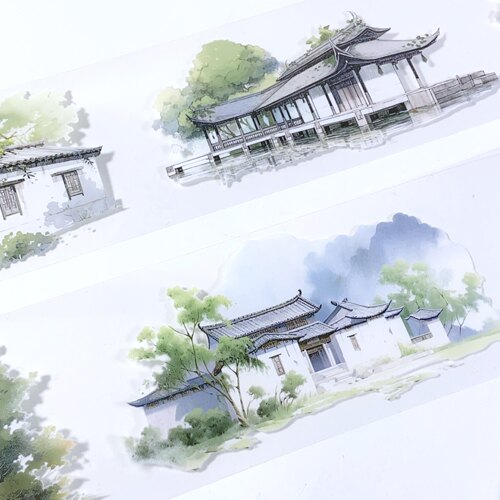 亭台春晓.手账古风造景背景贴纸pet园林和纸胶带手帐流麻素材分装