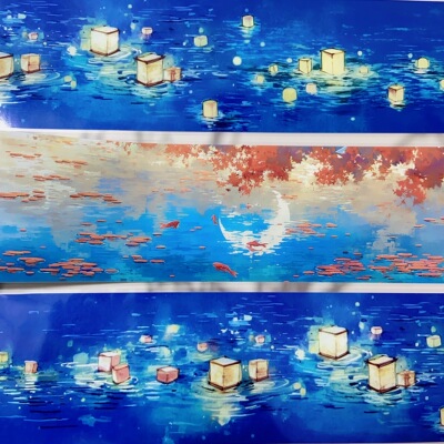 浮光月影.手账pet胶带水波纹江月荷灯咕卡流麻拼贴装饰素材包整卷