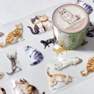 猫猫.手帐pet胶带刀模切免裁剪可爱动物咕卡流麻和纸贴纸分装素材