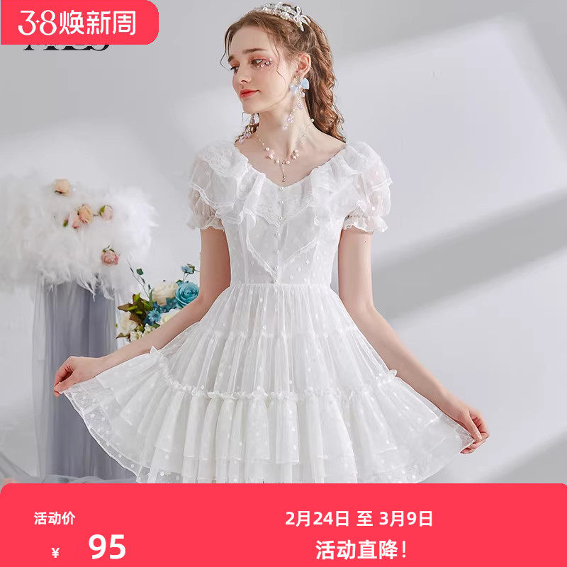 艾丽丝2025夏季新款波点蛋糕连衣裙女荷叶领泡泡袖甜美短款公主裙