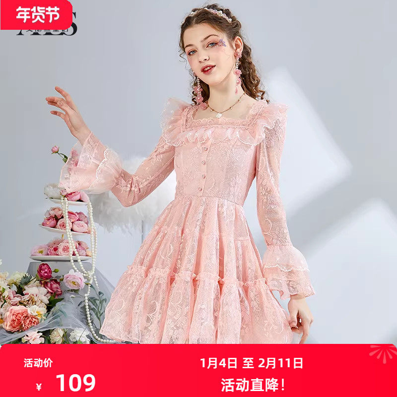 艾丽丝2025秋季新款超仙白色方领蕾丝连衣裙女粉色刺绣短款公主裙