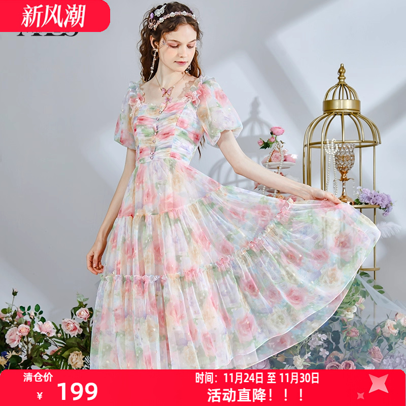 艾丽丝2025夏季新款公主裙子修身短袖方领中长款仙女连衣裙女超仙