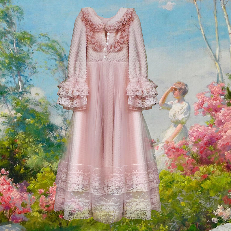 艾丽丝2025冬季新款粉色长款家居服甜美公主风宫廷风睡衣连衣裙女