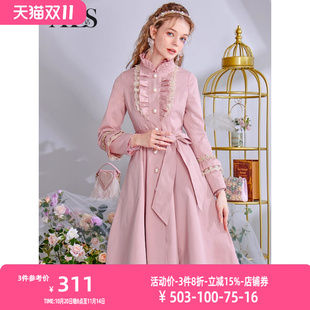 复古粉色中长款 高腰显瘦大衣法式 风衣外套女 新款 艾丽丝2025秋季