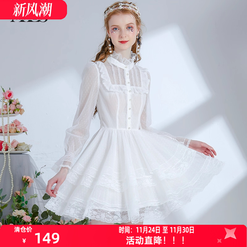 艾丽丝2025秋季新款蕾丝波点甜美白色连衣裙女半高领短款黑色裙子