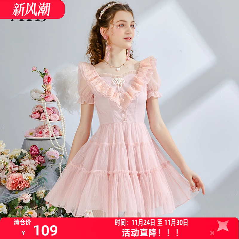 艾丽丝2025夏季新款甜美刺绣粉色短袖公主裙黑色蕾丝短款连衣裙女