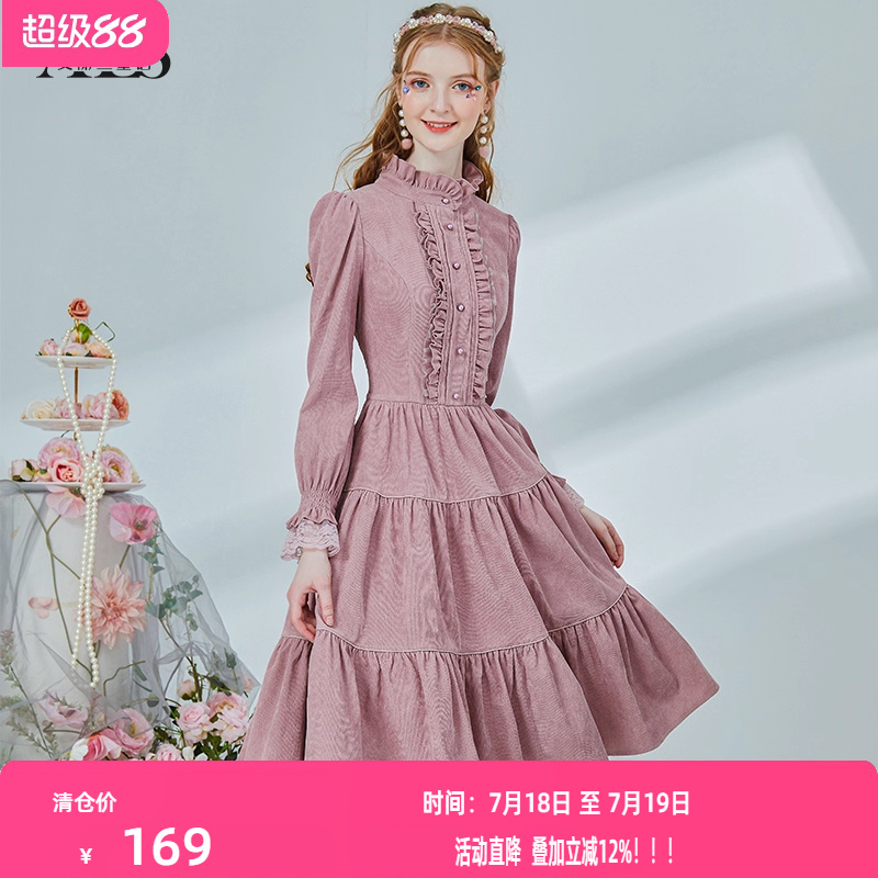 艾丽丝童话高腰设计灯芯绒连衣裙